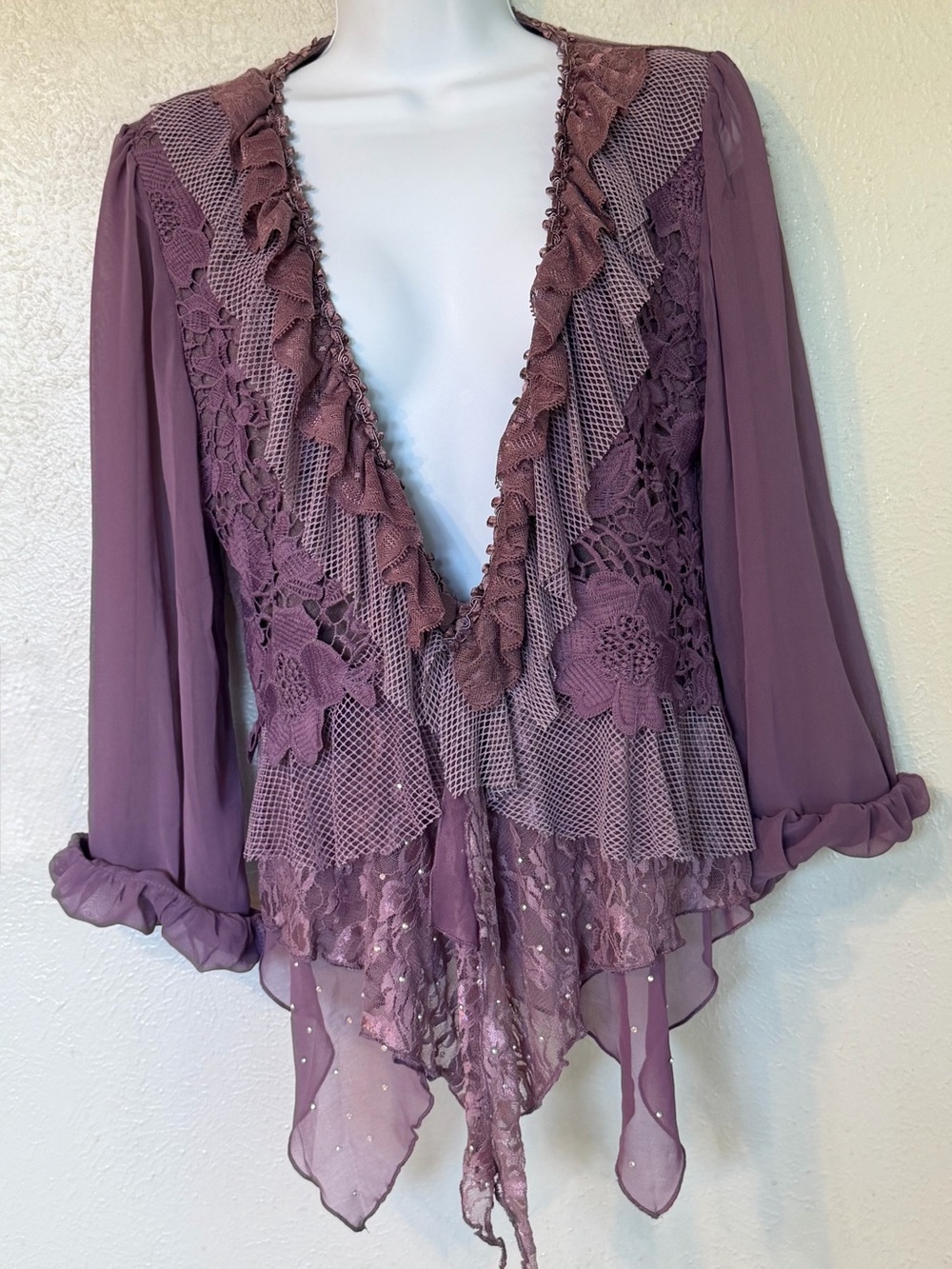Pretty Angel Purple Knit & Chiffon Ruffled Embellished Button Front Cardigan S